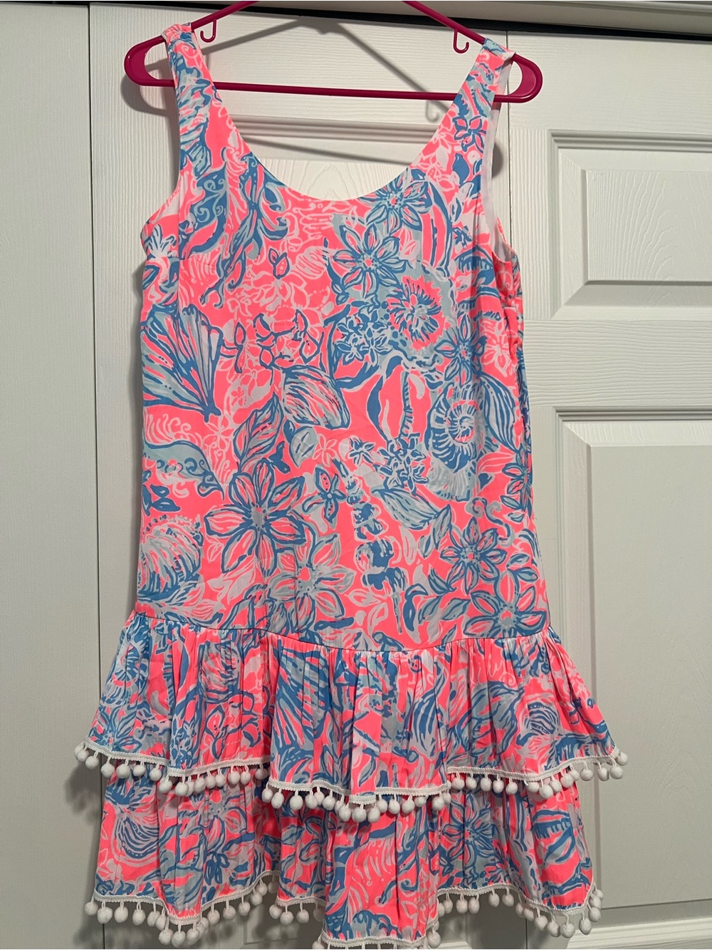 Lilly Pulitzer Pink & Blue Floral Pom-Pom Tiered Dress